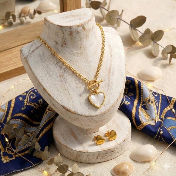 18K Gold Plated Stainless Steel White Shell Heart Toggle Necklace Earrings Set - Picture 8 of 12